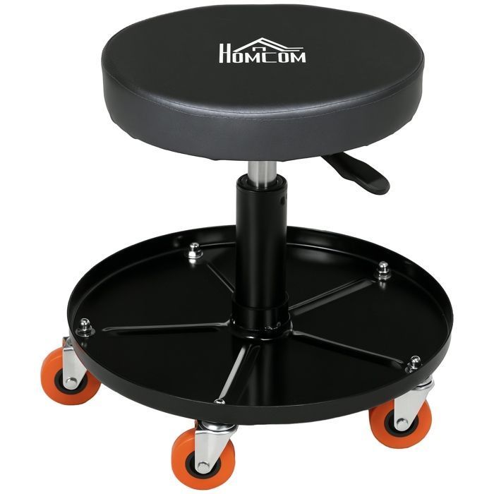 Taburete de mecánico - HOMCOM - asiento giratorio - altura regulable de 38 a 48 cm - plataforma de 100 kg - tapicería sintética - negro
