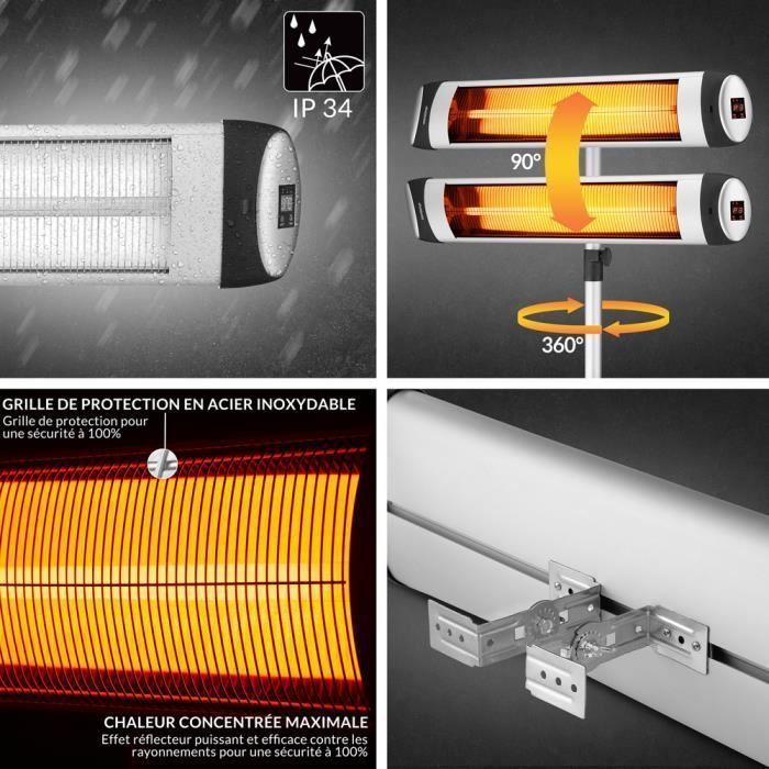 Chauffage radiant infrarouge argent 2500 W avec trépied télécommande Chauffage extérieur 3 puissances