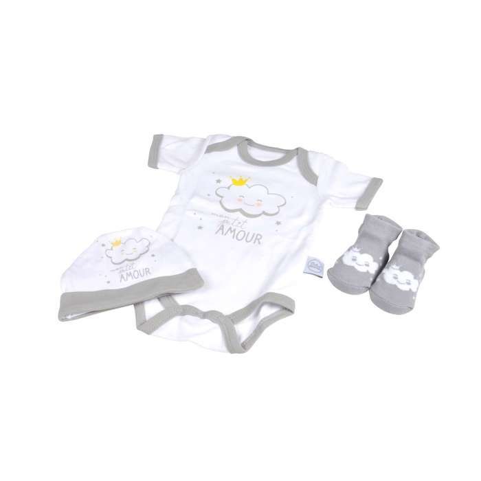 Baby Softness - Set regalo per neonati con body, cappellino e calzini 0-1 mesi - Nuvola