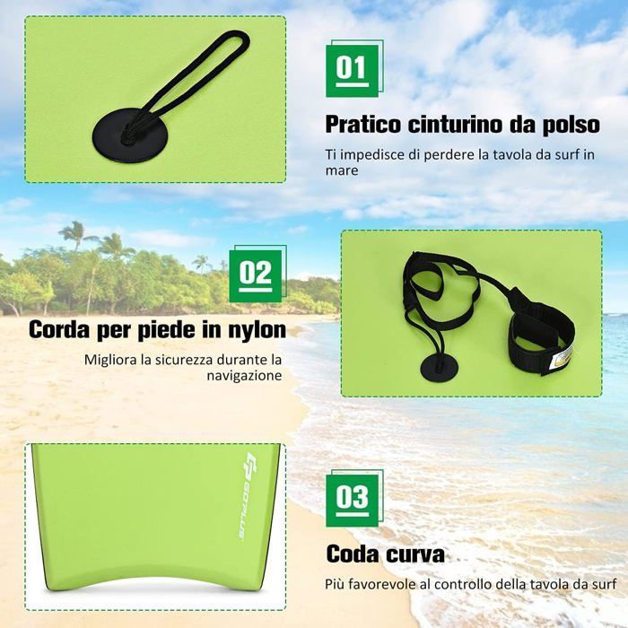 Bodyboard GOPLUS 105cm - Planche à vagues légère et résistante - Mixte - Vert