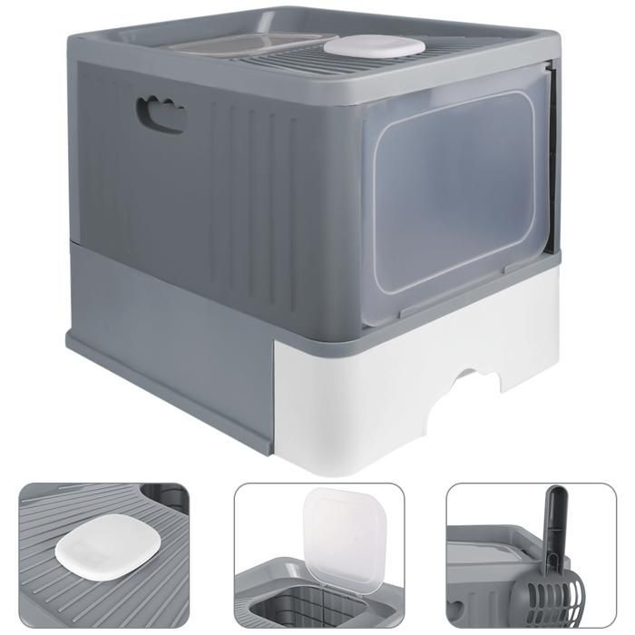 Lettiera per gatti pieghevole grigia con sterilizzazione UV, lettiera a cassetto con paletta, toilette a forma di casetta, 48x37x38 cm
