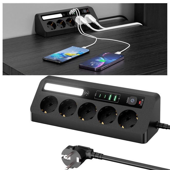 Multiprise Universelle, LED Multiprise Parafoudre, avec 5 Prises, 2 USB-C, 2 USB-A, Câble 1.8M, interrupteur, 2500W, Noir
