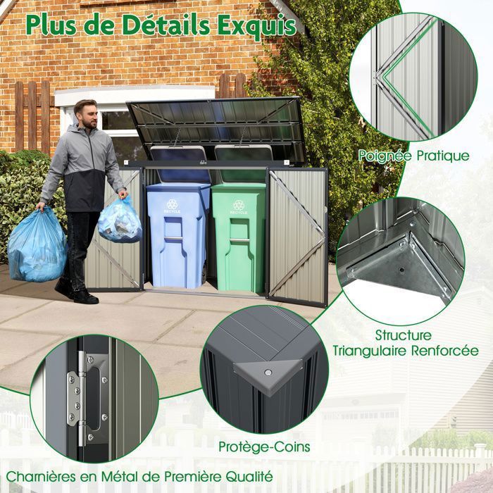 Caseta de jardín metálica COSTWAY para exteriores - 1,52 m² (159 x 95,5 cm) - Tapa con apertura a 40° y barras de aire - 2 puertas con pestillos - Gris