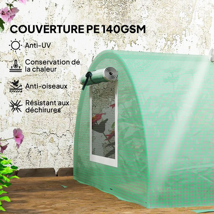 Mini invernadero de jardín - Outsunny - túnel para tomates de polietileno de alta densidad resistente a los rayos UV con 5 puertas de malla - acero - 300x80x45cm - verde