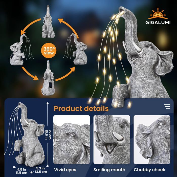 Estatua de elefante LED con energía solar, fabricada en resina, para decoración de jardín con aspersor, 27 cm.
