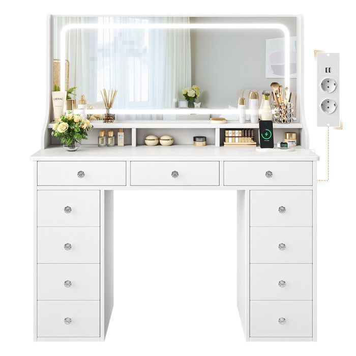 Tocador con espejo grande con iluminación LED, 11 cajones, toma de corriente y puertos USB, moderno tocador blanco, 110x40x135cm