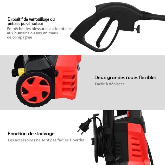 Hidrolimpiadora de alta presión COSTWAY de 1500 W y 140 bares con manguera flexible de 5 m, 300 l/h, boquilla Lotus, boquilla de alta presión y depósito de jabón rojo.