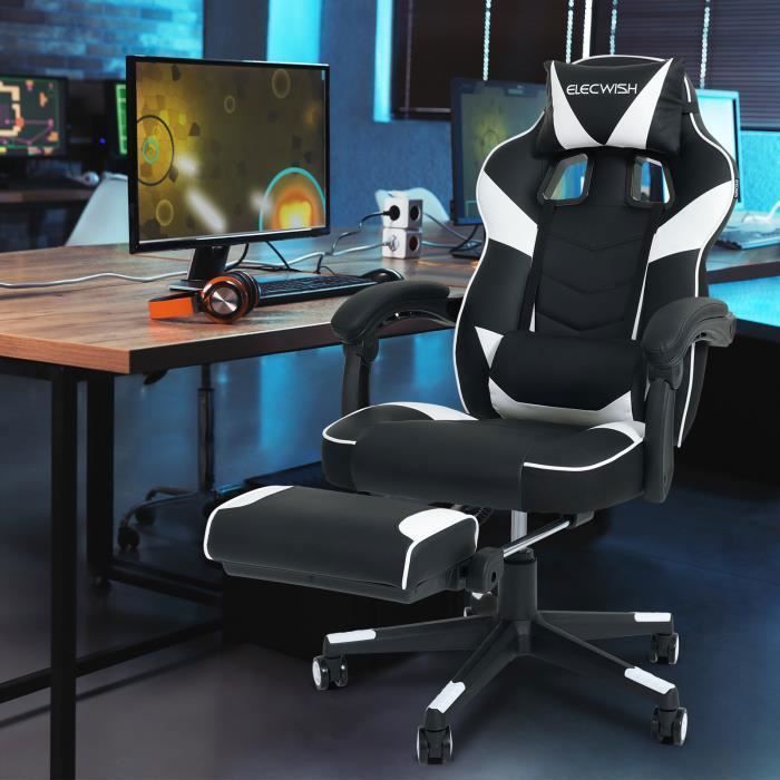 Silla ergonómica para juegos, silla de oficina, silla gaming, soporte lumbar con función de masaje, reposapiés, reposacabezas, blanca