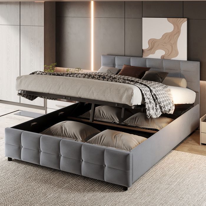 Cama de 180x200 cm con almacenamiento hidráulico y somier de láminas - Gris