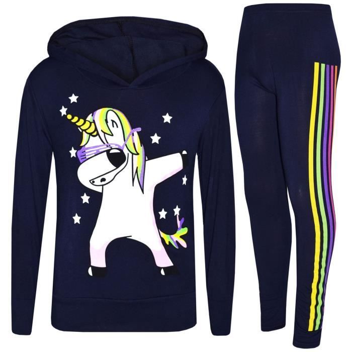 Chándal azul marino para niñas con unicornio, arcoíris y estampado de hilo dental, edades de 7 a 13 años.
