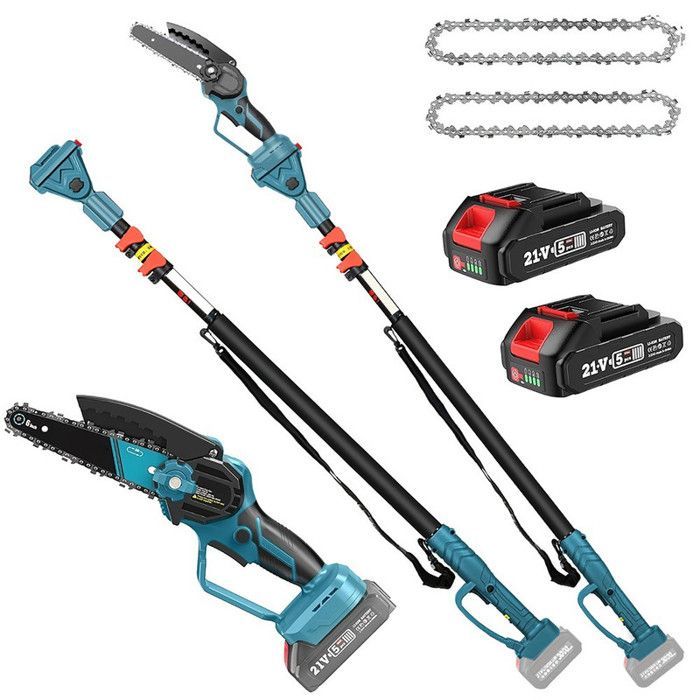 Élagueuse Télescopique 2 En 1 Tronçonneuse Électrique Sans Fil 6 Pouces, Perche Ajustable Jusqu’à 2,5M, 2 Batteries 2000mAh