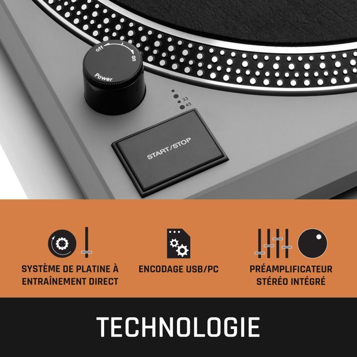 Platine Vinyle - Lenco - Entraînement direct, encodage USB/PC - L-3810GY - Gris