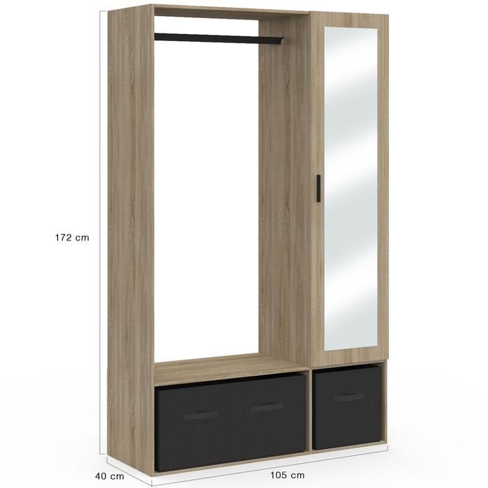 IDMARKET BERENICE wardrobe unit 105 x 40 x 172 cm beech with shelves + black storage boxes + mirror