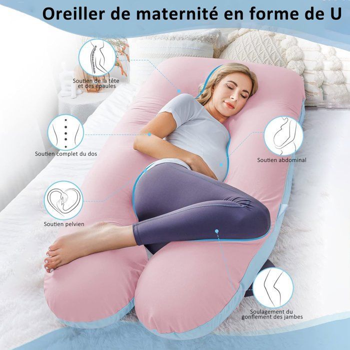 U-förmiges Schwangerschaftskissen, Stillkissen, Bezug aus 100 % Baumwolle, herausnehmbares Inlett, Stütze für Rücken, Bauch und Beine, 70 × 130 cm (Rosa-Blau)