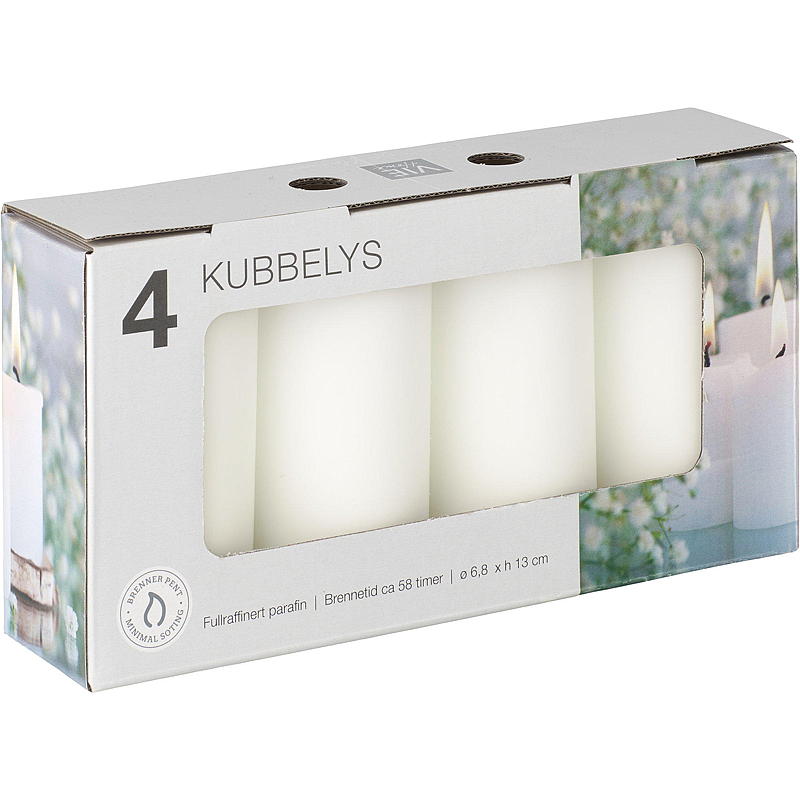 Vie Home Kubuskaarsen, 4 stuks, 6,8 x 13 cm, wit