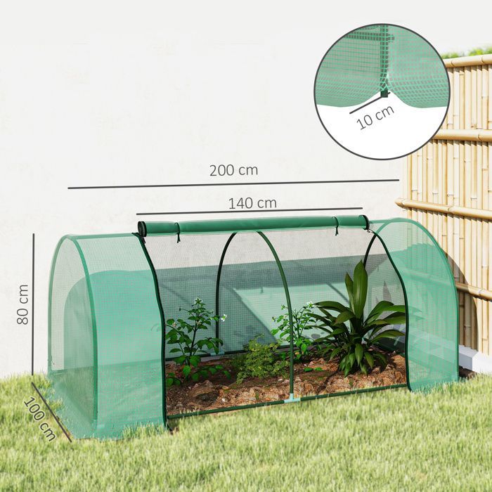 Invernadero de jardín - Outsunny - puerta enrollable con cremallera y cordón - 2 x 1 x 0,8 m - cubierta de PE verde, acero verde
