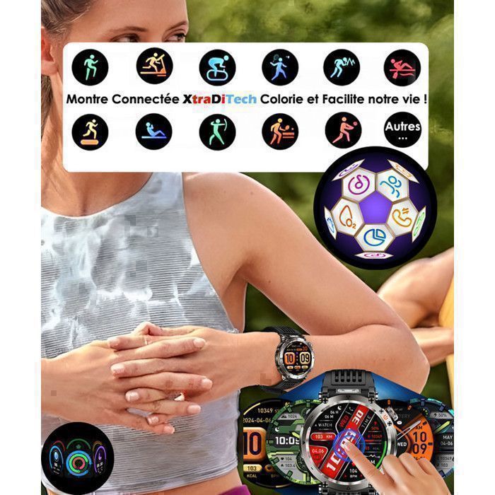 Smartwatch masculino de 1,7 polegadas, 3 pulseiras (aço, couro e silicone), coroa digital, função de chamada, bússola, SOS, sirene, 2 LEDs, branco fluorescente, 600mAh