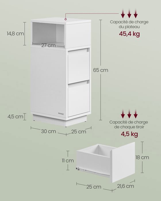 VASAGLE Table de Chevet Étroite, Lot de 2, Table d’Appoint, 2 Tiroirs et Compartiment Ouvert, Montage à Gauche ou à Droite, Blanc