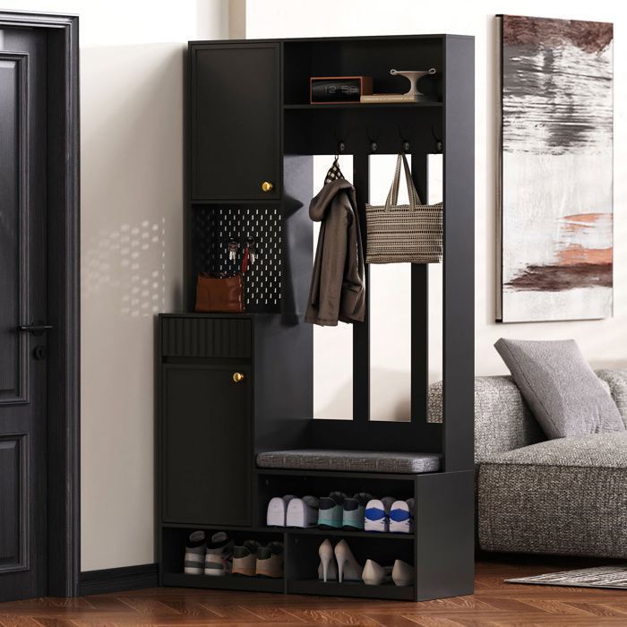 Meuble d'entrée avec 1 tiroirs et 2 porte - Becag - Vestiaire d'entrée avec banc et 4 crochets - 100x35x180cm - Noir