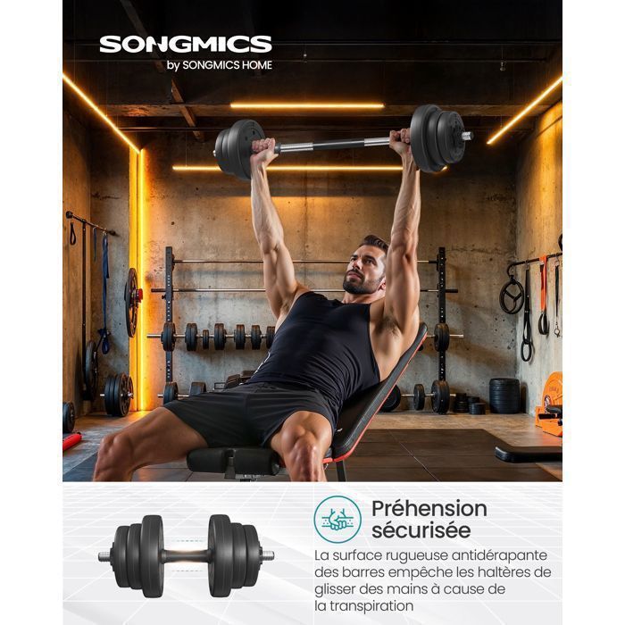 Juego de 2 mancuernas ajustables (10 kg, 20 kg) con barra de extensión adicional y 12 discos de peso de SONGMICS.