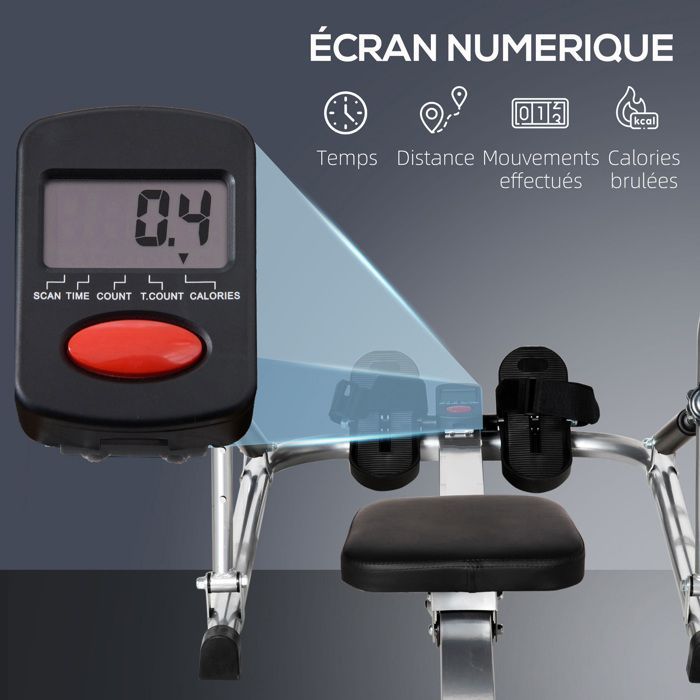 Máquina de remo plegable para interiores - Colaboración Aosom.fr x FFHandball - 3 niveles de resistencia, pantalla multifunción - Acero negro y gris