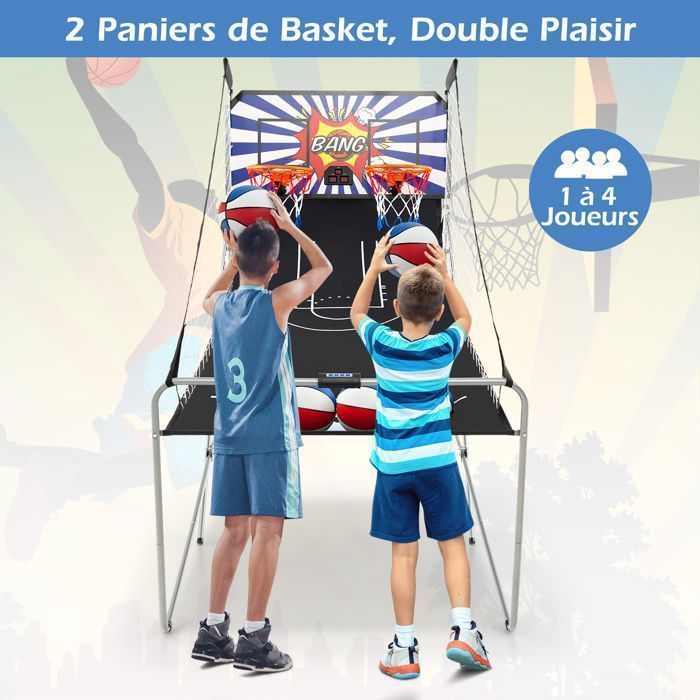 Juego de baloncesto plegable COSTWAY con 2 aros, 4 pelotas, bomba de inflado, sistema de puntuación, 8 modos, 4 jugadores, azul y blanco.