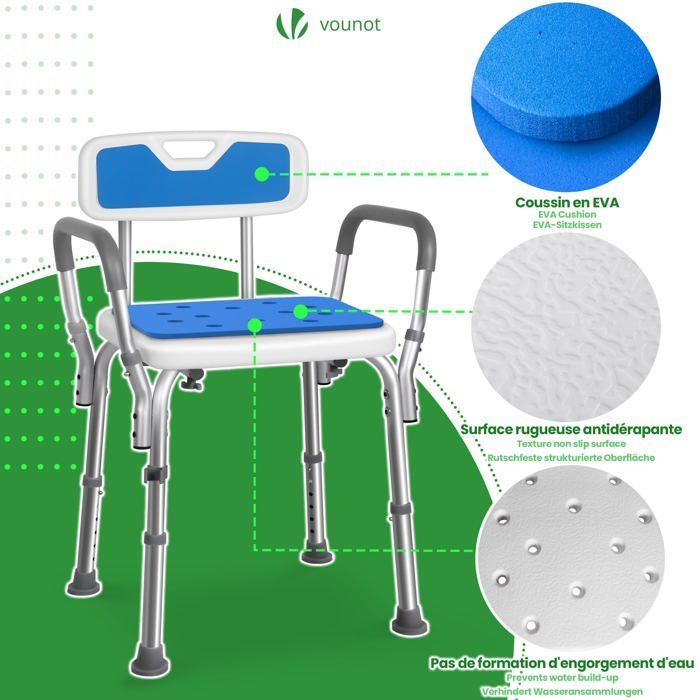 VOUNOT® Duschstuhl mit Rücken- und Armlehnen – Höhenverstellbar – Rutschfeste Füße – Sitzfläche aus Aluminium-HDPE – Blau