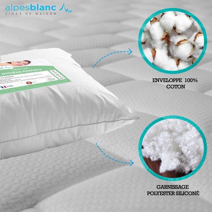 ALPES BLANC - Juego de 2 almohadas antiácaros de 45x70 cm. Fabricadas en Francia. Triple acción: antibacteriana, antiácaros y antimoho.