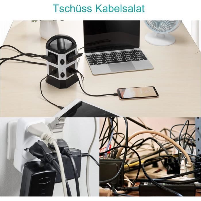 Tour Multiprise 6 Prises et 4 USB avec 2m Câble, 2500W/10A Multiprises Parasurtenseur Parafoudre pour Bureau, Interrupteur