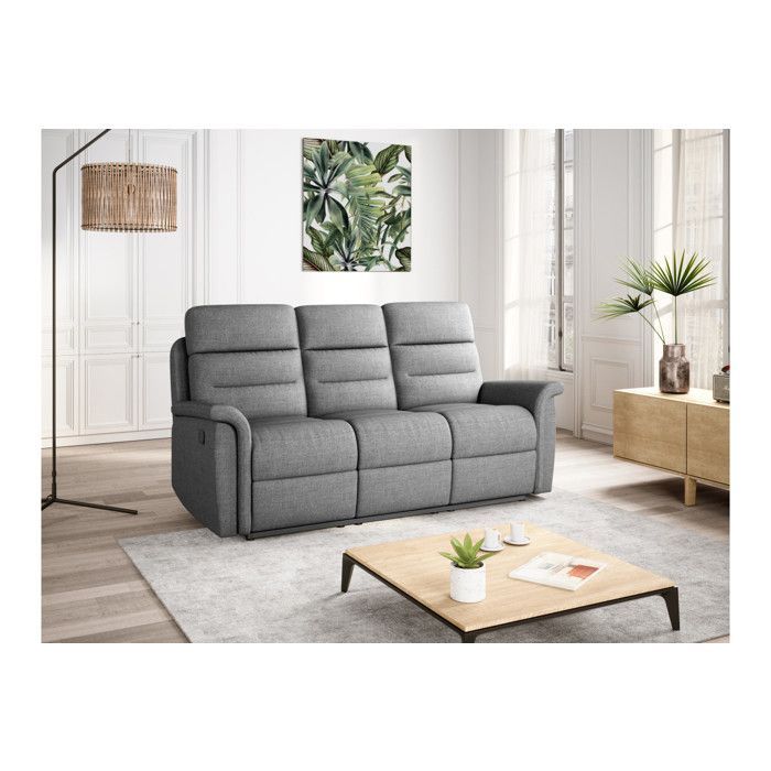 Sofá reclinable de 3 plazas LÉON en tela gris - Gris claro - 191 x 94 x 100 cm - LOUNGITUDE