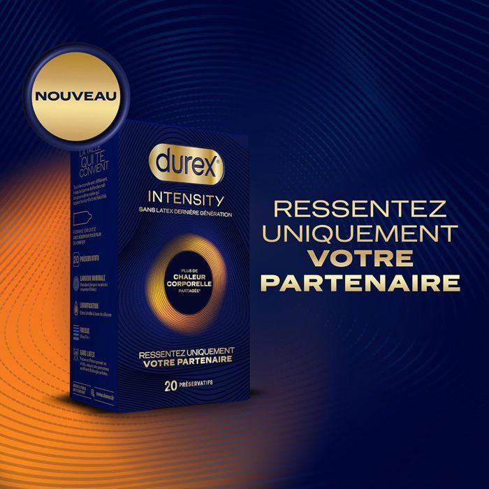 Durex Intensity - 40 preservativos ultrafinos, ultralubrificados e sem látex para homens - Maior distribuição do calor corporal - Tamanho padrão