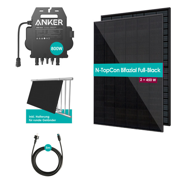 Central elétrica bifacial para varanda, 900W/800W, incluindo suporte de parede para grades redondas.