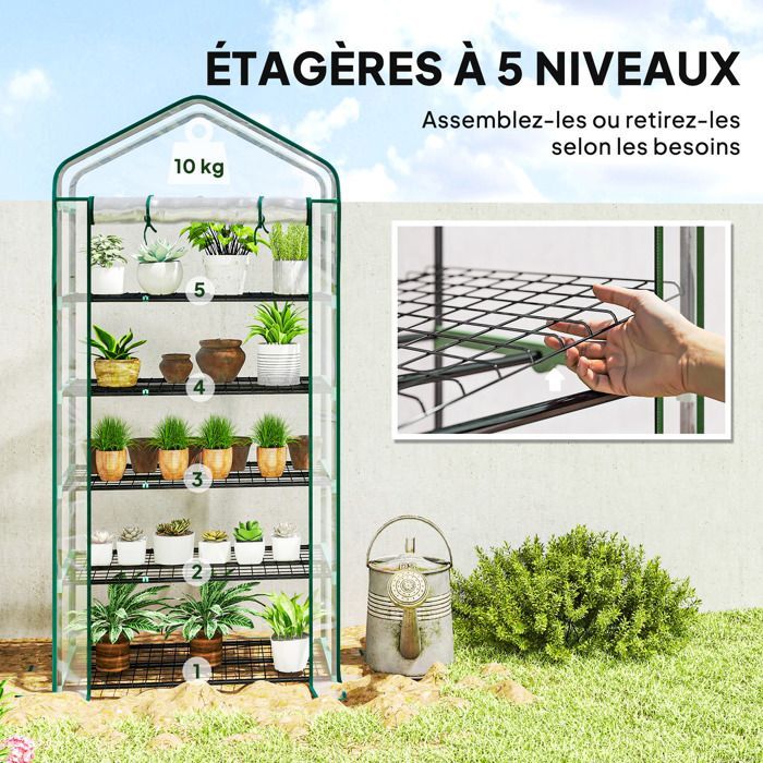 Garden greenhouse - Outsunny - PVC - with 5-tier shelves - steel frame - roll-up zippered door - 90x49x193cm - transparent