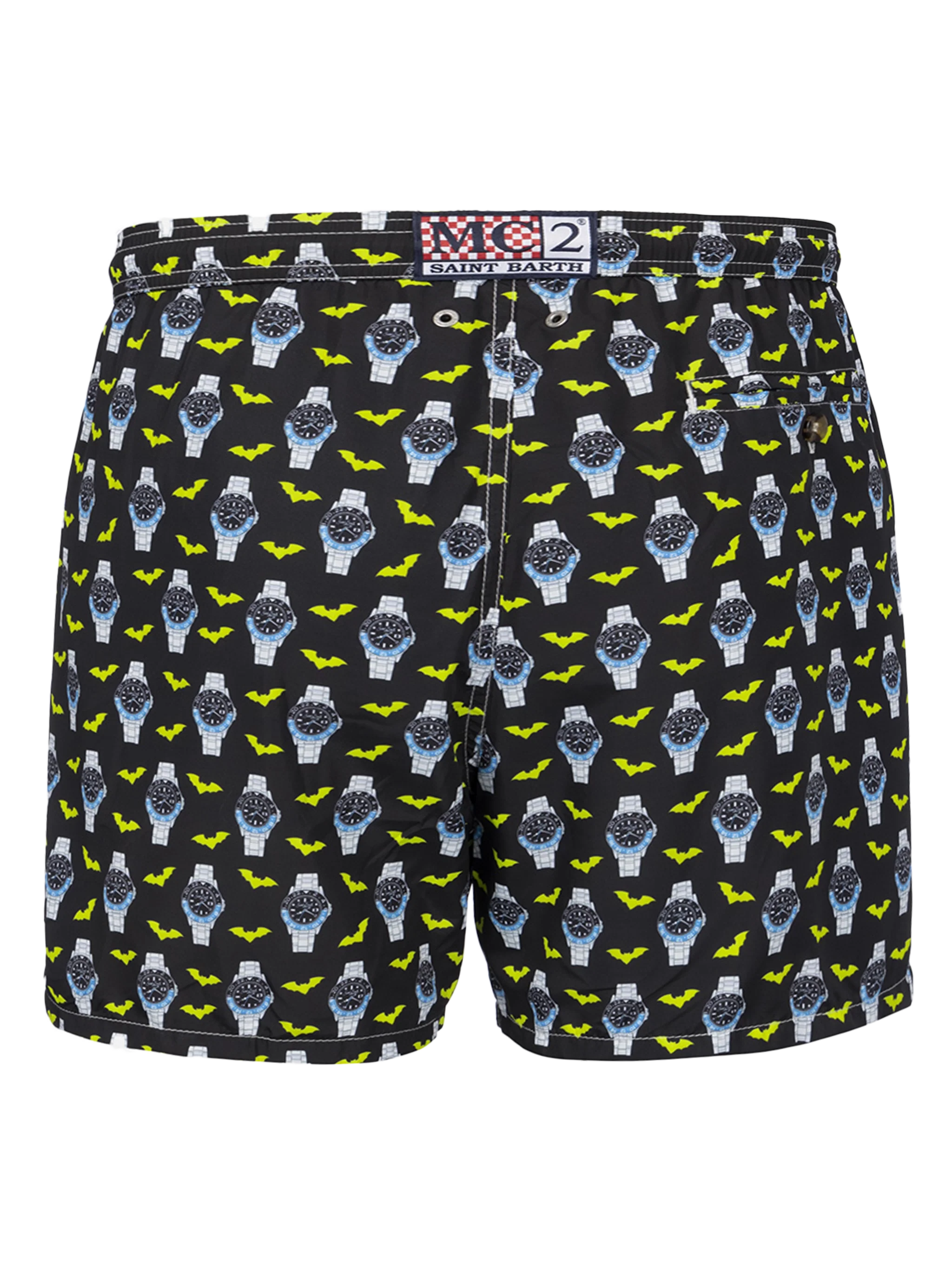 Man Lighting Mid-Length Swim Shorts | Quick-Drying, Watches & Bats All-Over Print | Elastic Waistband, Adjustable Drawstring | MC2 Saint Barth