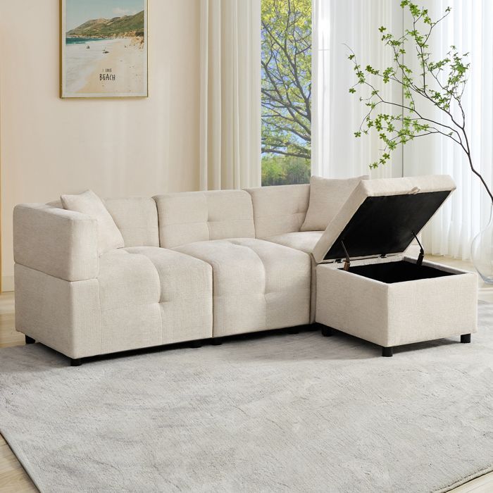 Sofá de canto de chenille com 3 lugares, compartimento de arrumação, pufe modular e 2 almofadas – Bege
