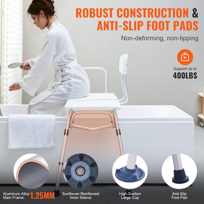 Banco de transferencia para baño VEVOR con cortina protectora en forma de U y respaldo reversible - Capacidad de 400 kg