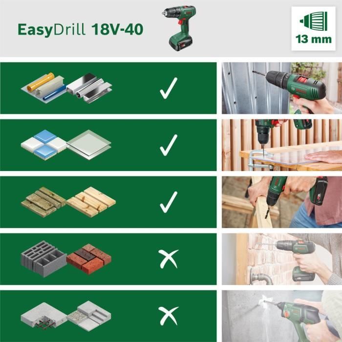 Drill/driver - Bosch - EasyDrill 18V-40 - Battery not included - 13 mm chuck - 2 speeds