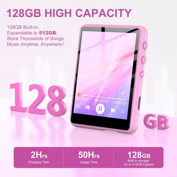 Lecteur MP3 128 Go avec écran tactile Bluetooth 5,3-2,4 pouces, son Hi-Fi, haut-parleur intégré, fonction d'enregistrement, radio FM