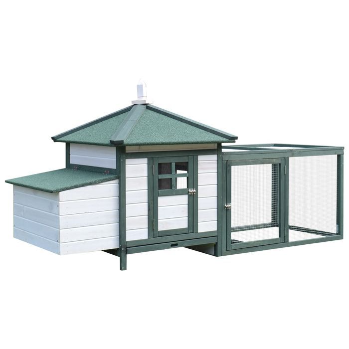 Pollaio - PawHut - Casetta con posatoio, rampa, nido, recinto e vassoio per escrementi - Legno di pino - 196x76x97 cm - Verde e bianco