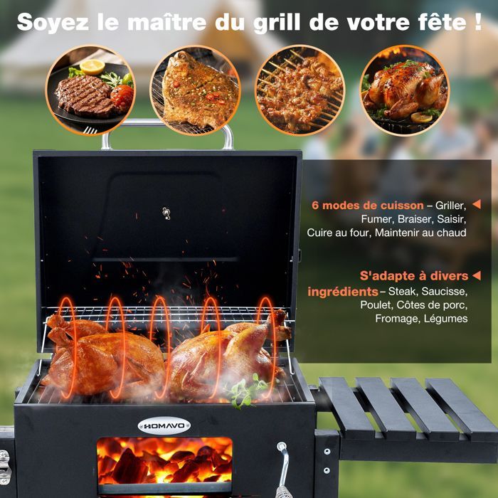 HOMAVO Barbecue Charbon de Bois,  Bac à Charbon Réglable en Hauteur, Table Latérale Pliante, Thermomètre, Housse Barbecue Incluses