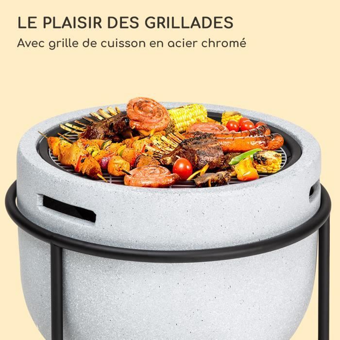 Blumfeldt Grail Feuerstelle mit MGO-Grillrost, Stahlschale und Funkenschutzgitter – Hellgrau