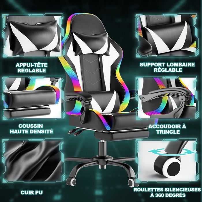 Sedia da gaming ergonomica con LED RGB, massaggio lombare e poggiapiedi – Sedia da gaming con poggiatesta regolabile – 180 kg, bianca
