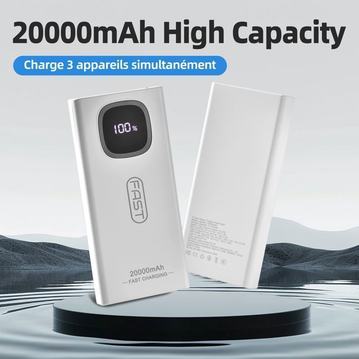 Bateria externa, Power Bank de 22,5 W e 20000 mAh, portátil, com entrada e saída USB-C, carregamento rápido PD3.0 e QC4.0, branca.