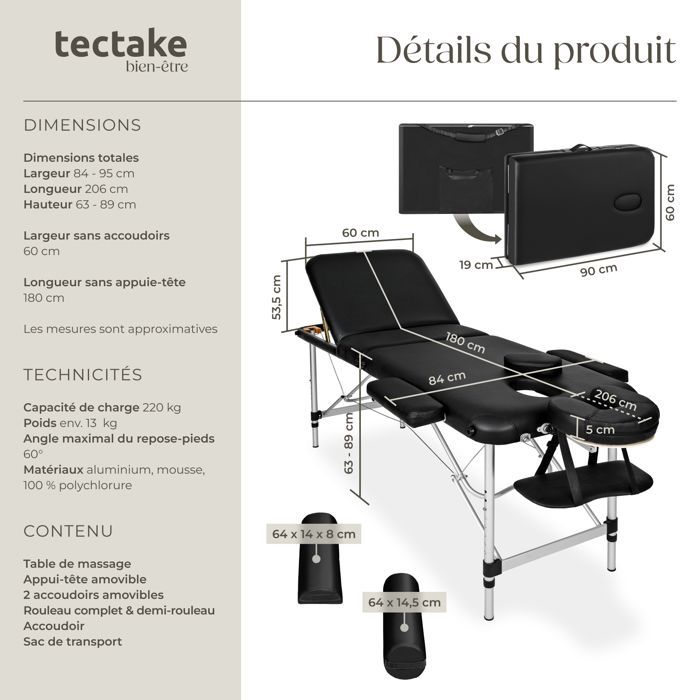 Table de massage - TECTAKE - Table de soin pliante et portable  3 zones 210 x 95 x 89 cm - Noir
