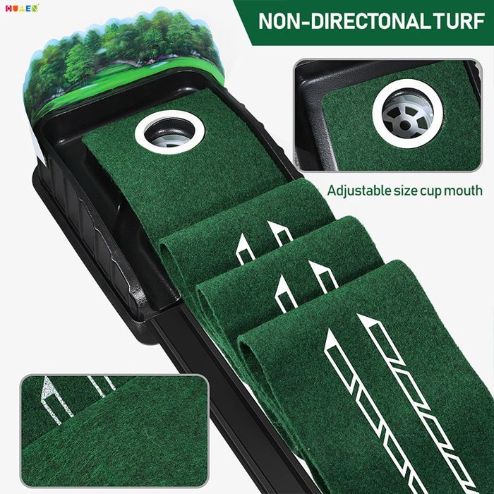 Tapete de golf verde para interiores con retorno de pelota y 3 hoyos - Equipo de entrenamiento para el hogar o la oficina - Accesorios