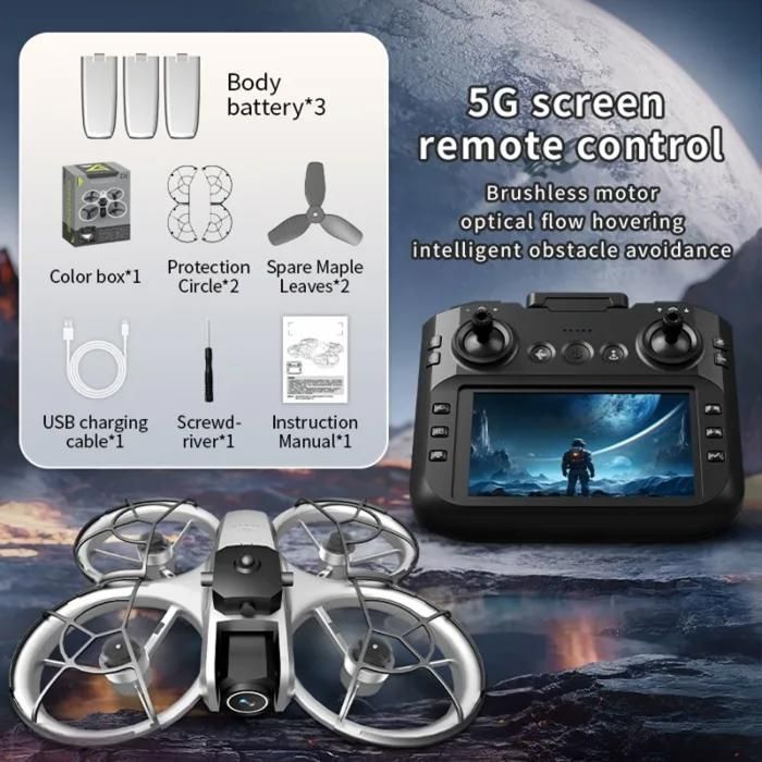 Dron profesional 4K con 3 baterías, sistema de evasión y estabilización de obstáculos, doble cámara, transmisión de imagen, color gris.