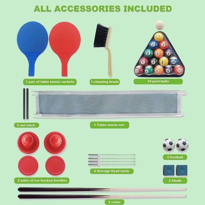 Tavolo da gioco pieghevole 4 in 1 - Calcio balilla - Biliardo - Ping-pong - Hockey - Asta telescopica - 121x61x81 cm