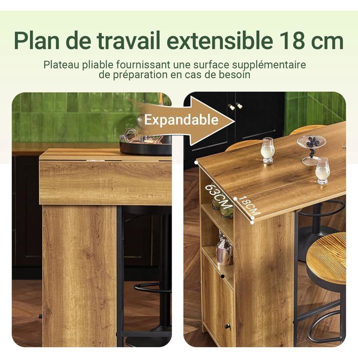 Tavolo da cucina alto SoBuy con piano allungabile, tavolo da bar con ripiani e mobiletto contenitore, moderno per piccoli spazi, 120×45/63×95cm