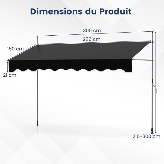COSTWAY Store Banne Manuel Rétractable 3 x 1,2M - Manivelle Hauteur Réglable 210-300CM, Auvent de Terrasse Anti UV Noir
