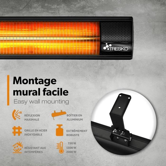 Riscaldatore a infrarossi per esterni TRESKO 2000W | Riscaldatore radiante per patio | Montaggio a parete | Telecomando | 3 livelli | Per interni ed esterni